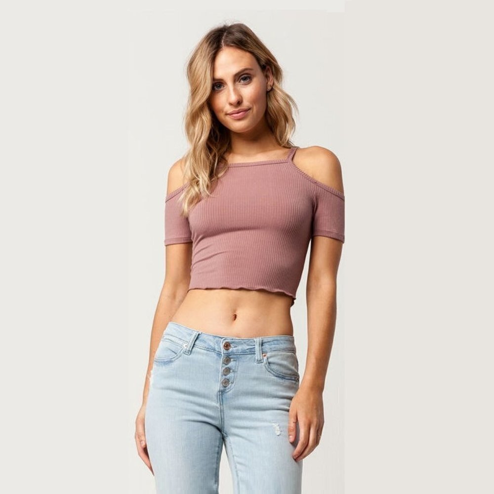 Basics Cold Shoulder Womens  Crop Top Taupe